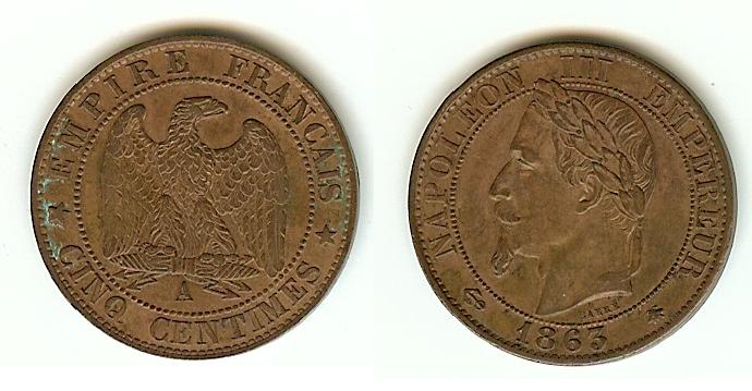 Cinq centimes Napoléon III, tête laurée 1863 Paris TTB+ à SUP